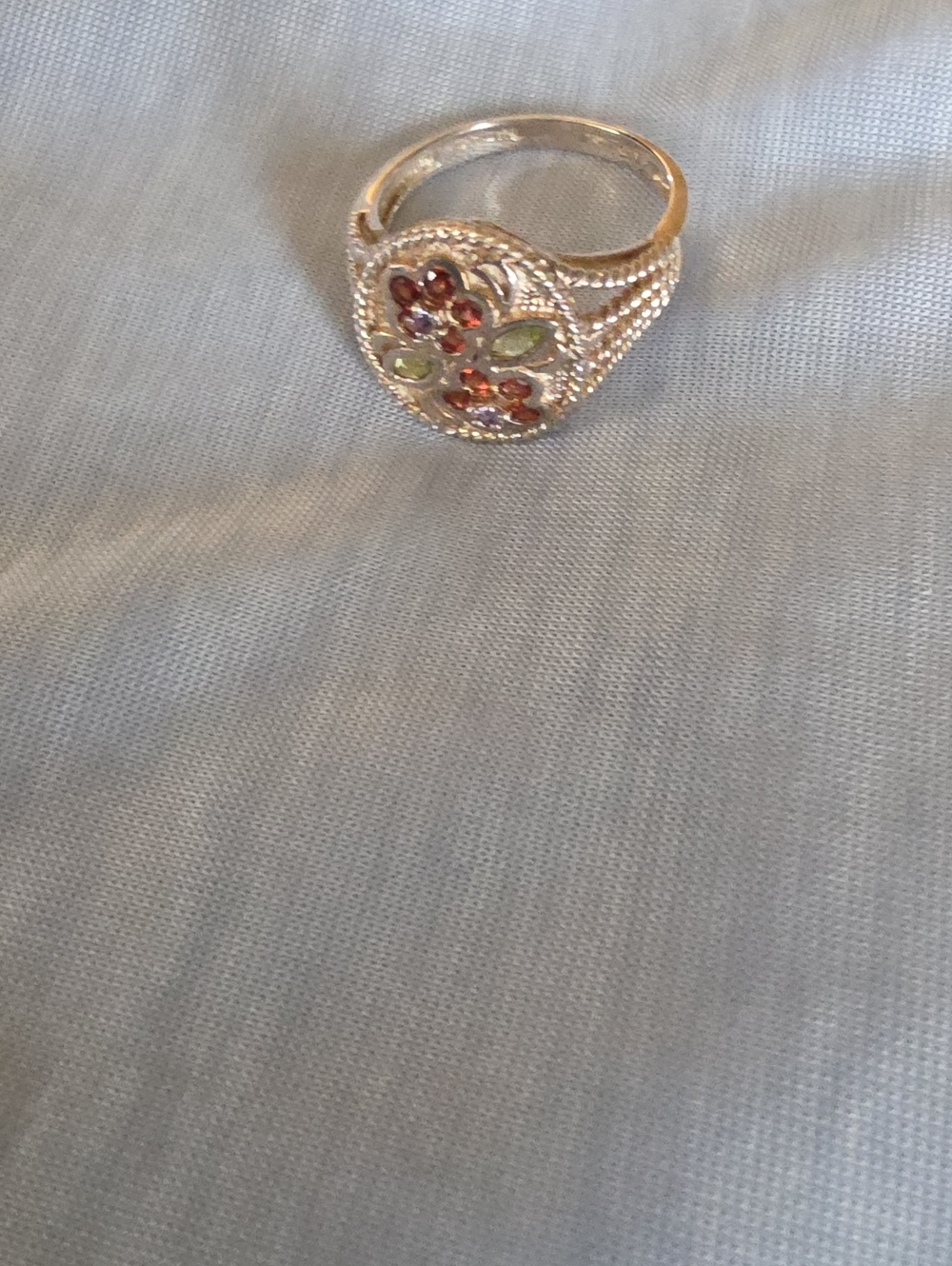 Sterling Silver Floral Gemstone Ring - Pink and Green Accents